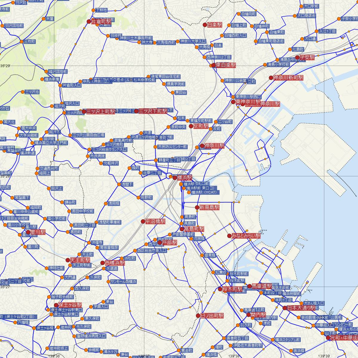 横浜駅（京浜急行）周辺のバス路線図