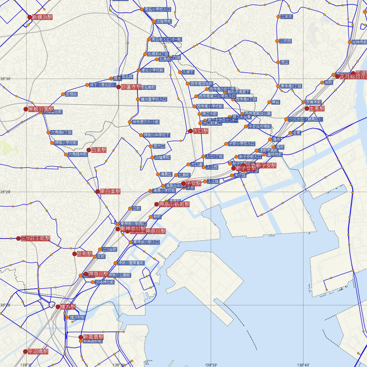 子安駅（京浜急行）周辺のバス路線図