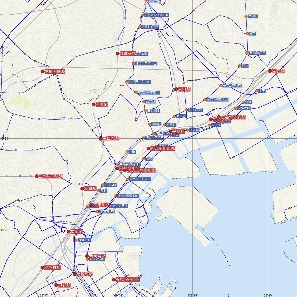 神奈川新町駅（京浜急行）周辺のバス路線図