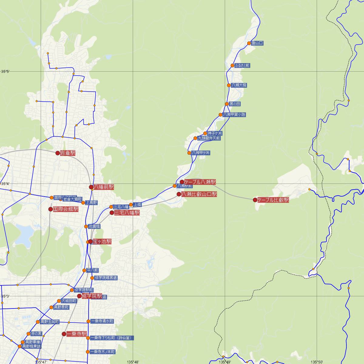 ケーブル八瀬駅（京福電気鉄道）周辺のバス路線図