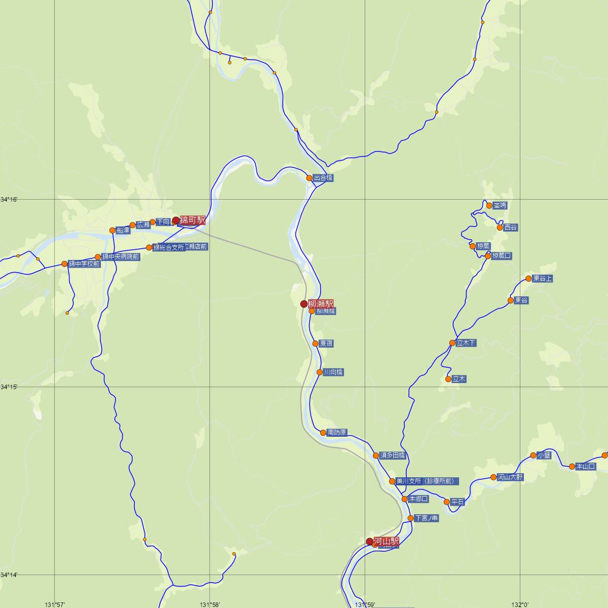 柳瀬駅（錦川鉄道）周辺のバス路線図