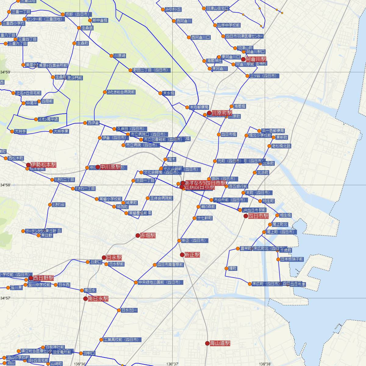 あすなろう四日市駅（四日市あすなろう鉄道）周辺のバス路線図