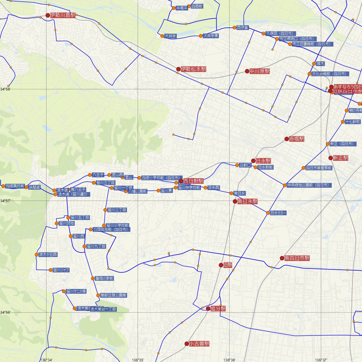西日野駅（四日市あすなろう鉄道）周辺のバス路線図