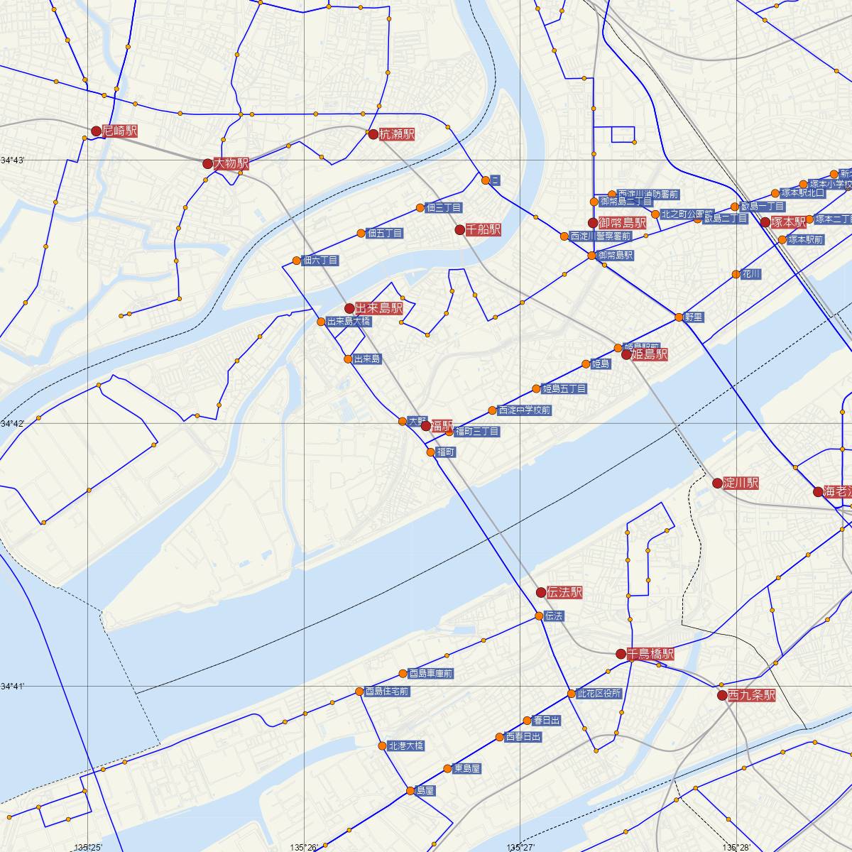 福駅（阪神電鉄）周辺のバス路線図