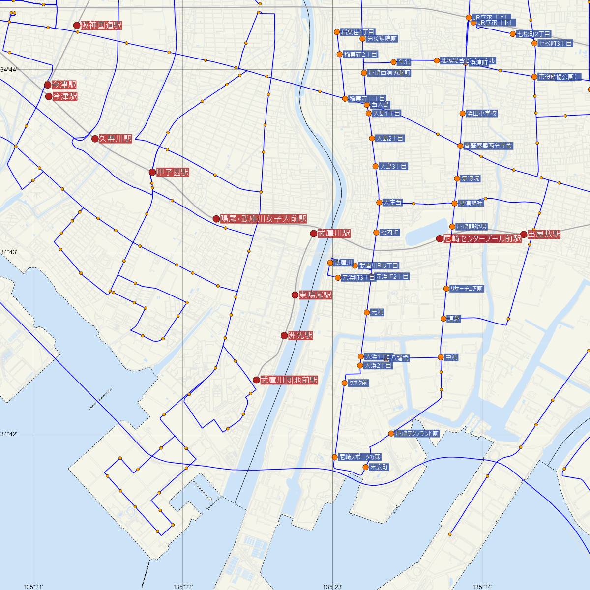 東鳴尾駅（阪神電鉄）周辺のバス路線図