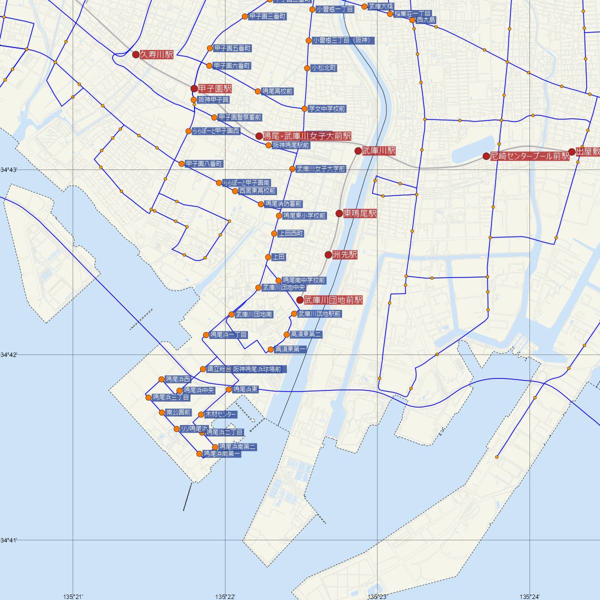 武庫川団地前駅（阪神電鉄）周辺のバス路線図