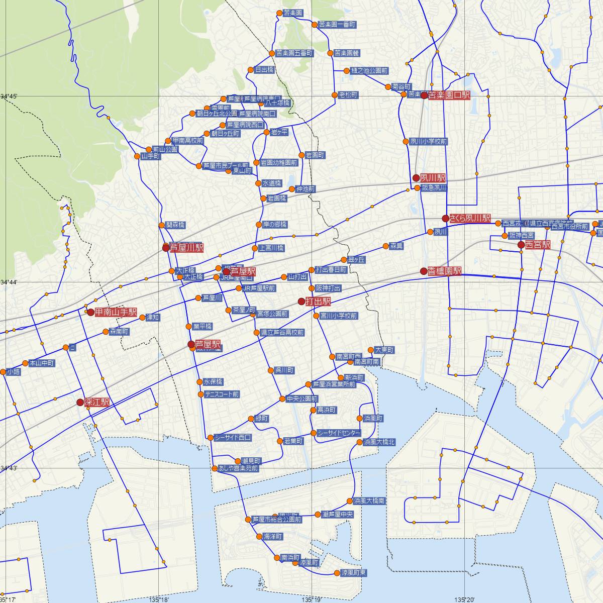 打出駅（阪神電鉄）周辺のバス路線図