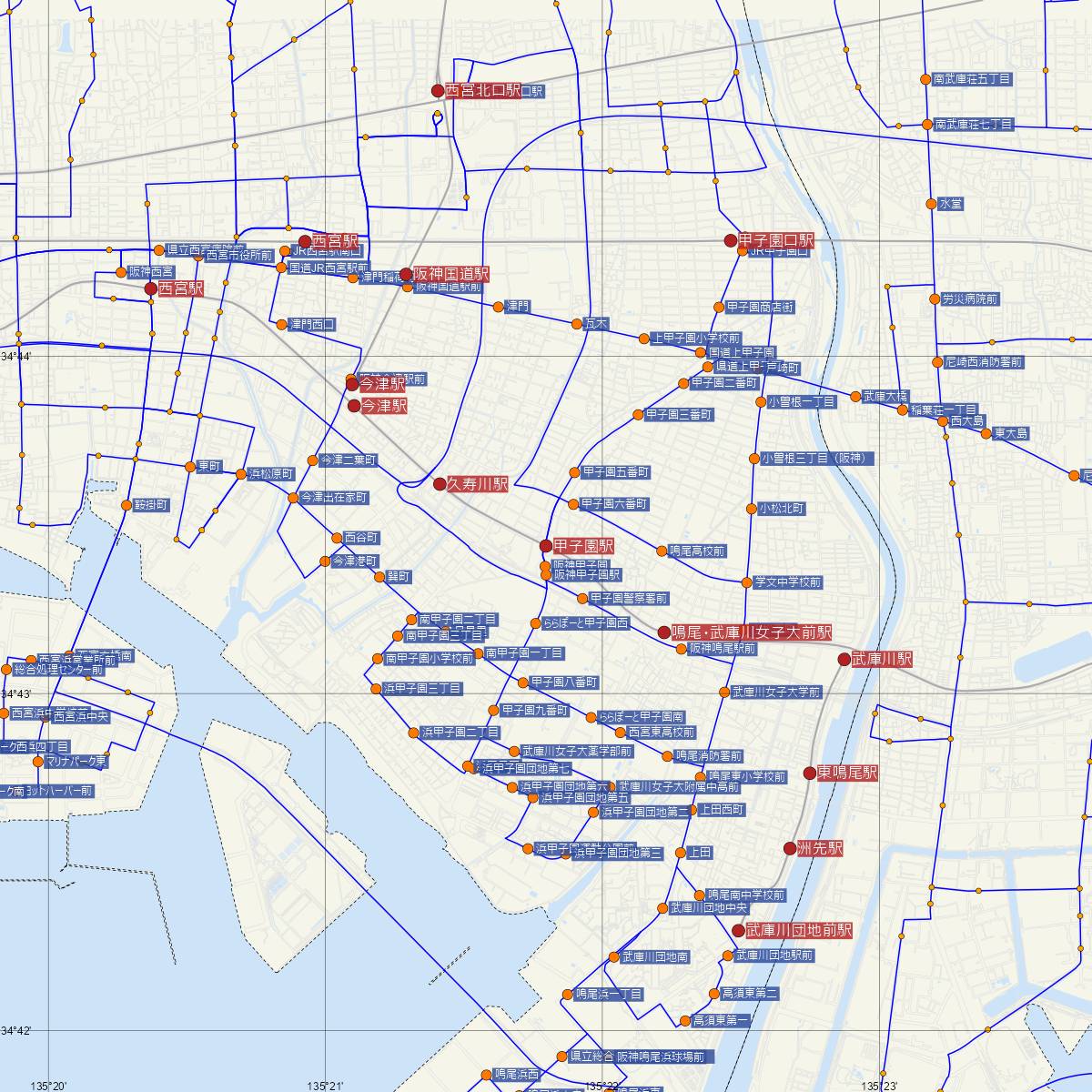 甲子園駅（阪神電鉄）周辺のバス路線図