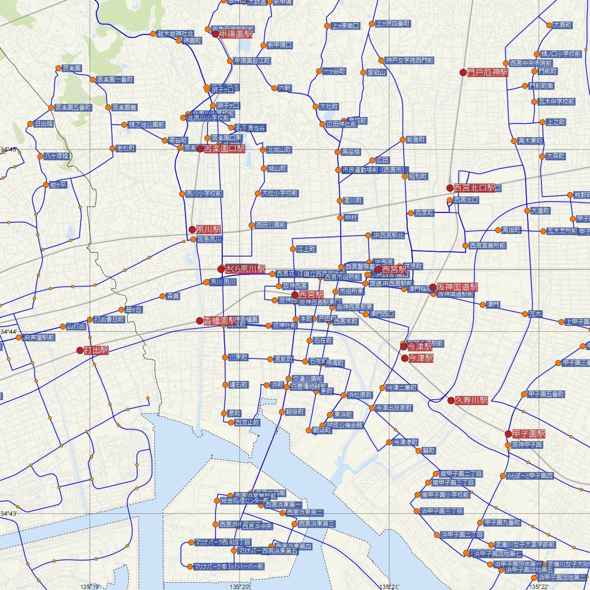 西宮駅（阪神電鉄）周辺のバス路線図