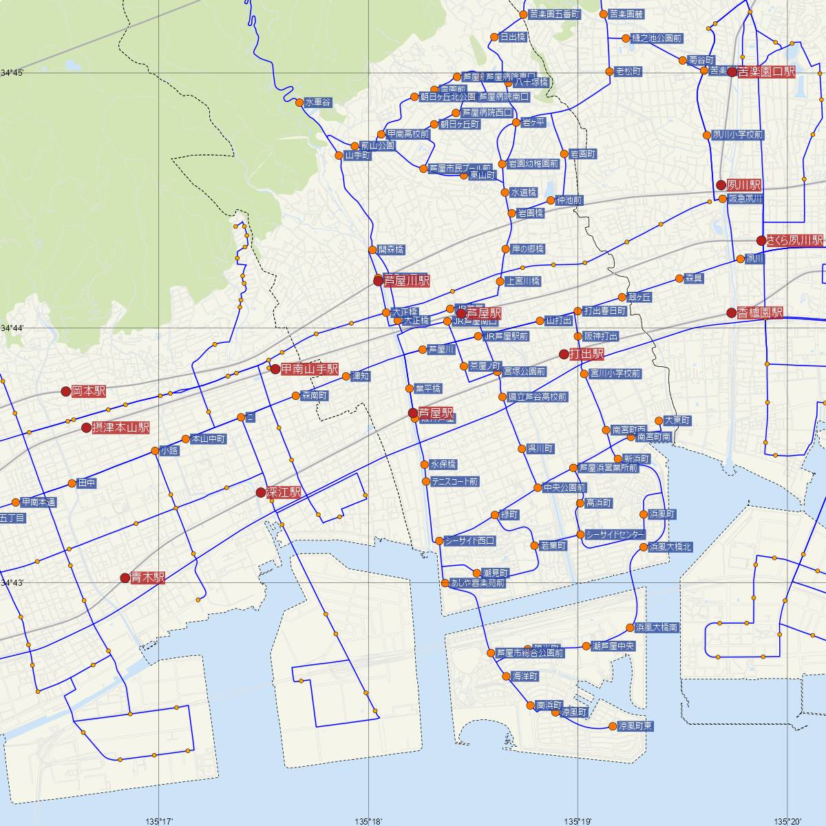 芦屋駅（阪神電鉄）周辺のバス路線図