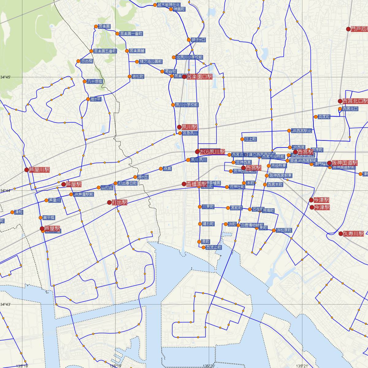 香櫨園駅（阪神電鉄）周辺のバス路線図