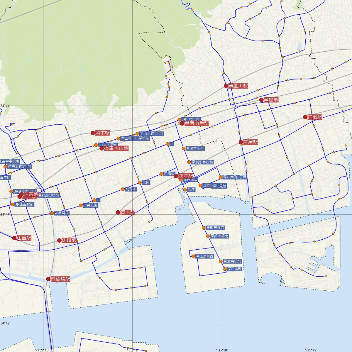 深江駅（阪神電鉄）周辺のバス路線図