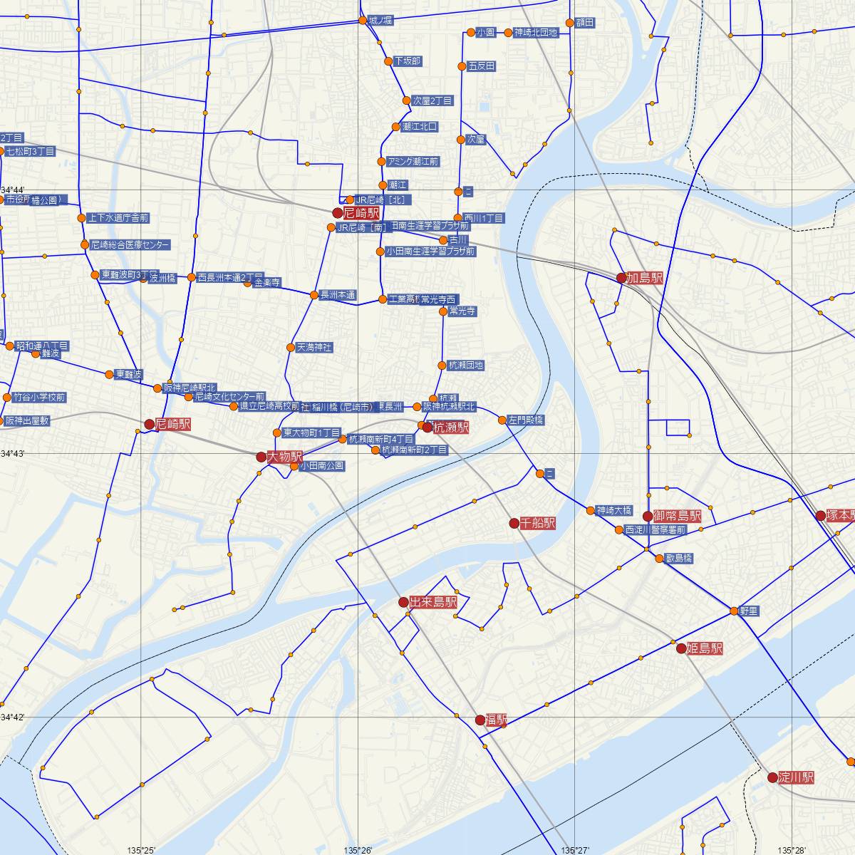 杭瀬駅（阪神電鉄）周辺のバス路線図