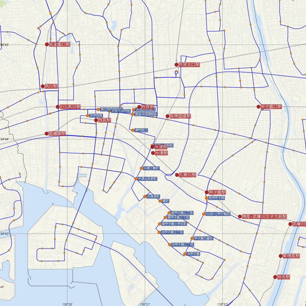 今津駅（阪神電鉄）周辺のバス路線図