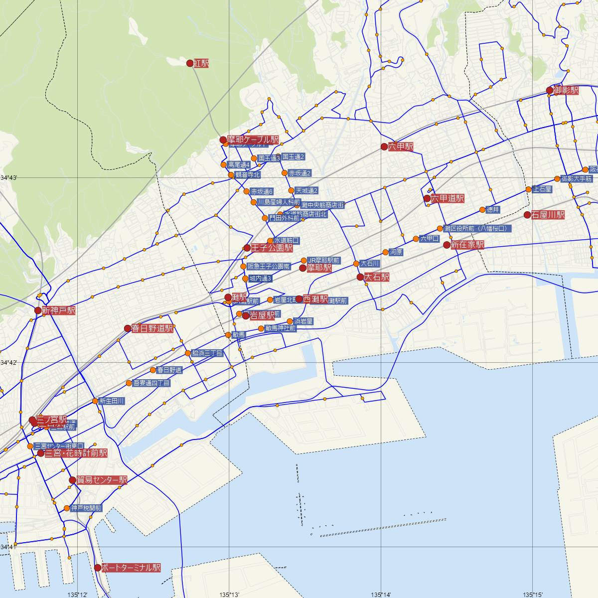 西灘駅（阪神電鉄）周辺のバス路線図