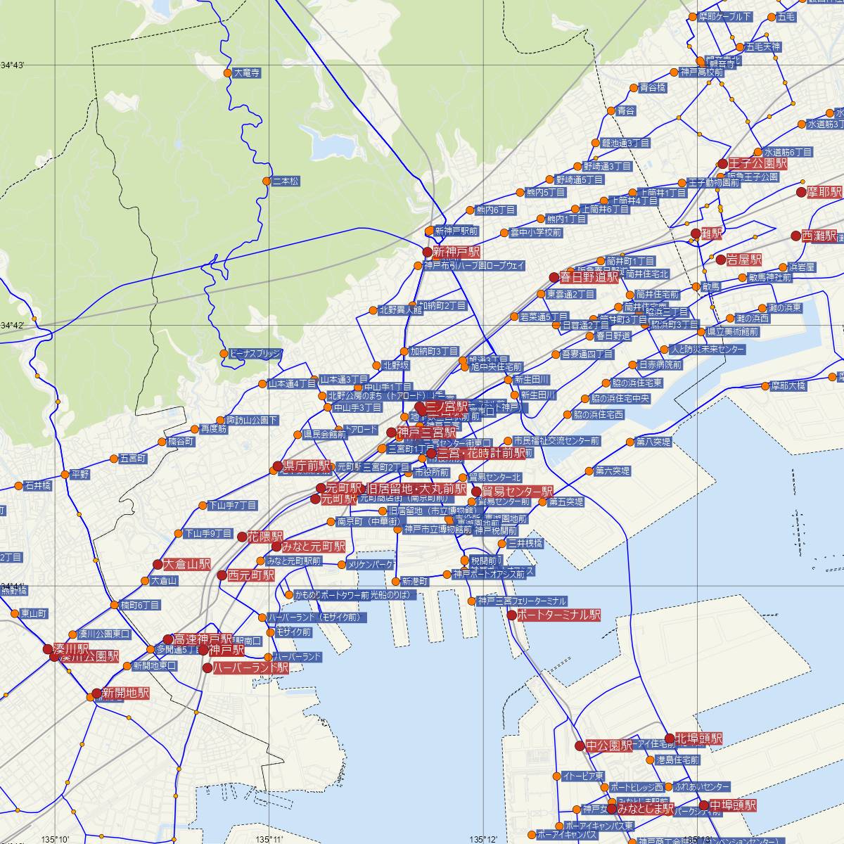 神戸三宮駅（阪神電鉄）周辺のバス路線図
