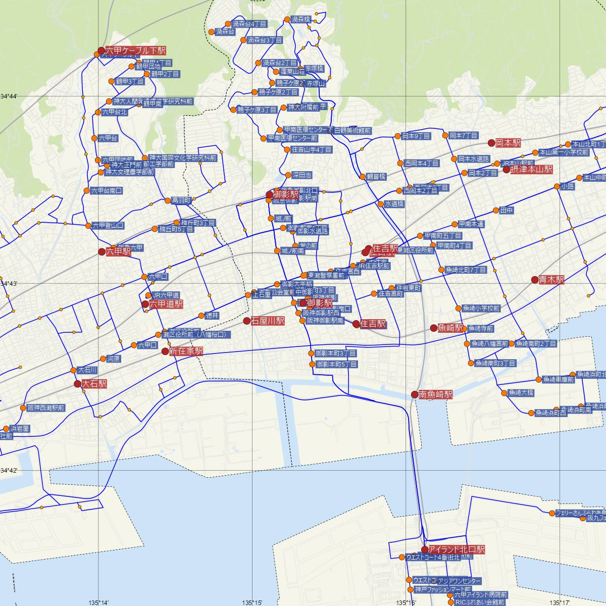 御影駅（阪神電鉄）周辺のバス路線図