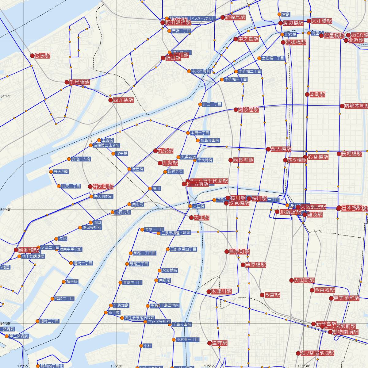 ドーム前駅（阪神電鉄）周辺のバス路線図