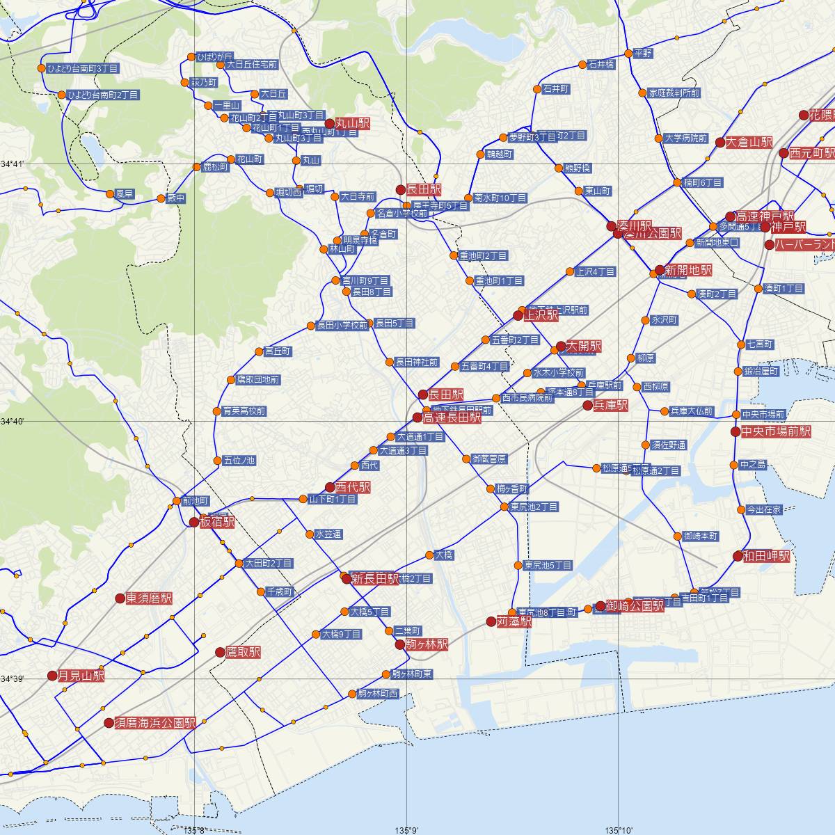 高速長田駅（阪神電鉄）周辺のバス路線図