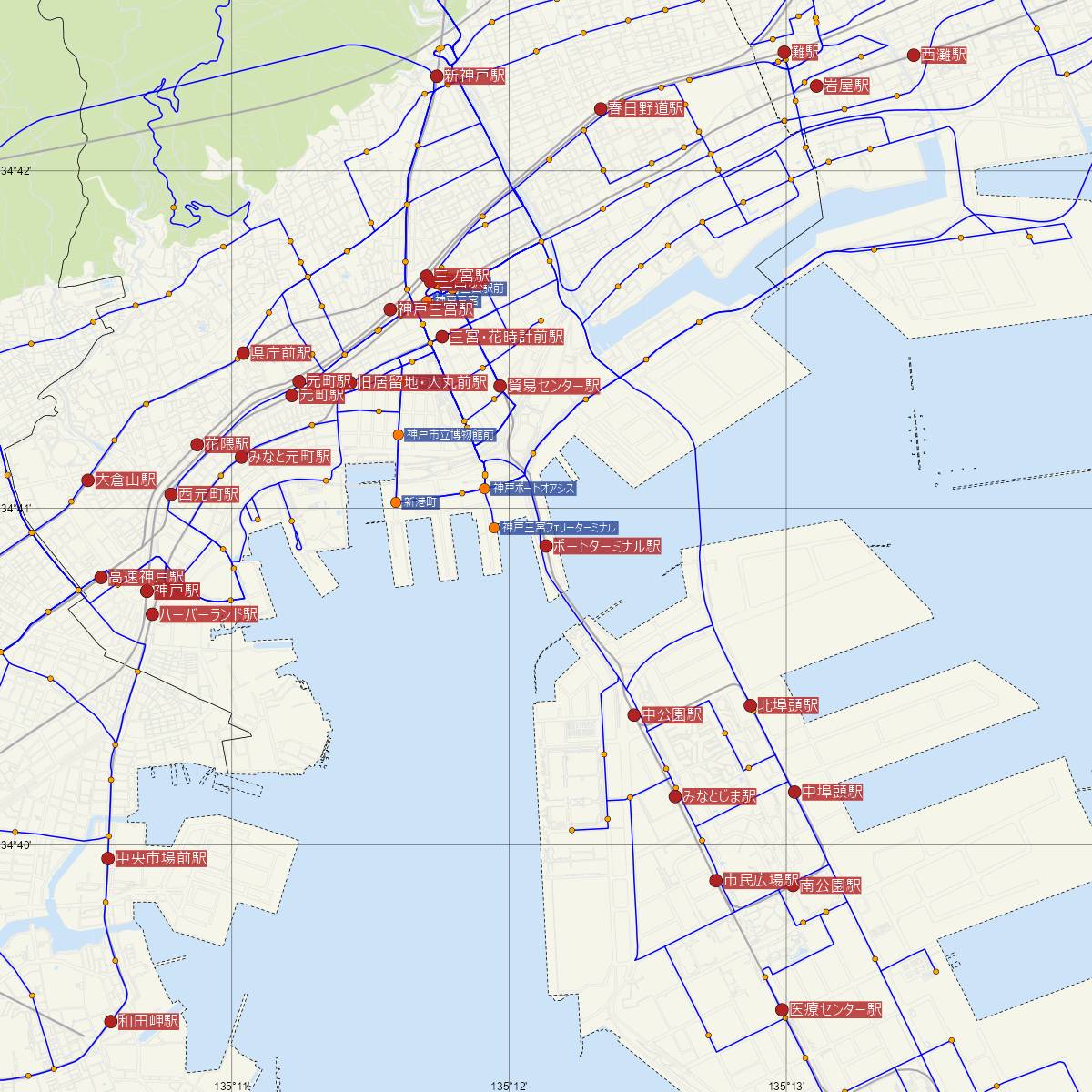 ポートターミナル駅（神戸新交通ポートライナー・六甲ライナー）周辺のバス路線図