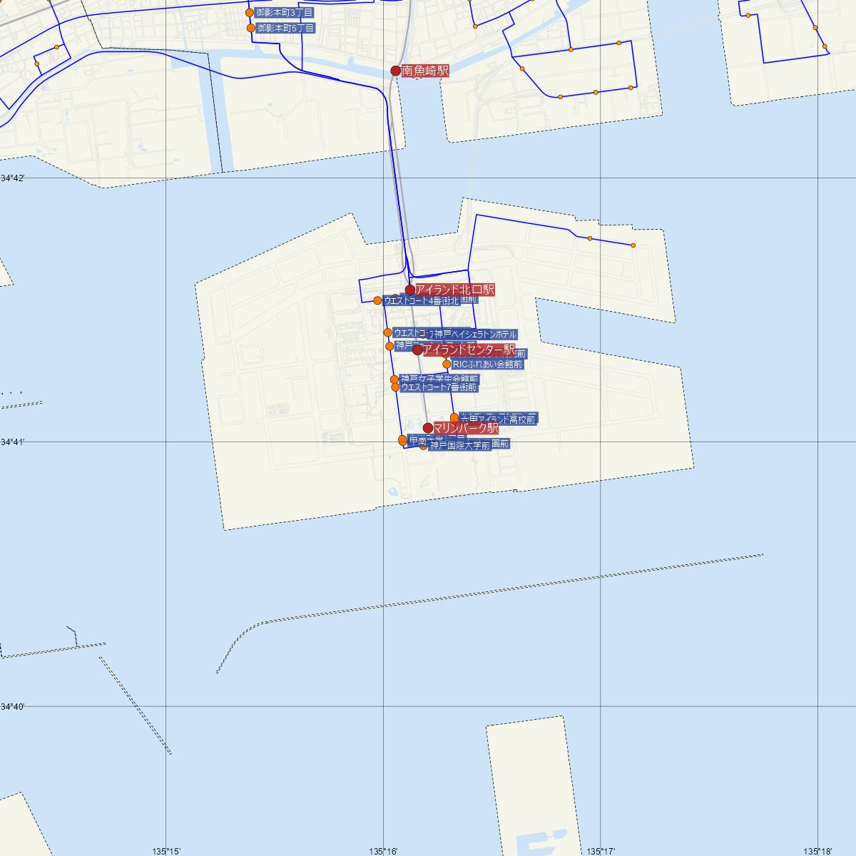 マリンパーク駅（神戸新交通ポートライナー・六甲ライナー）周辺のバス路線図