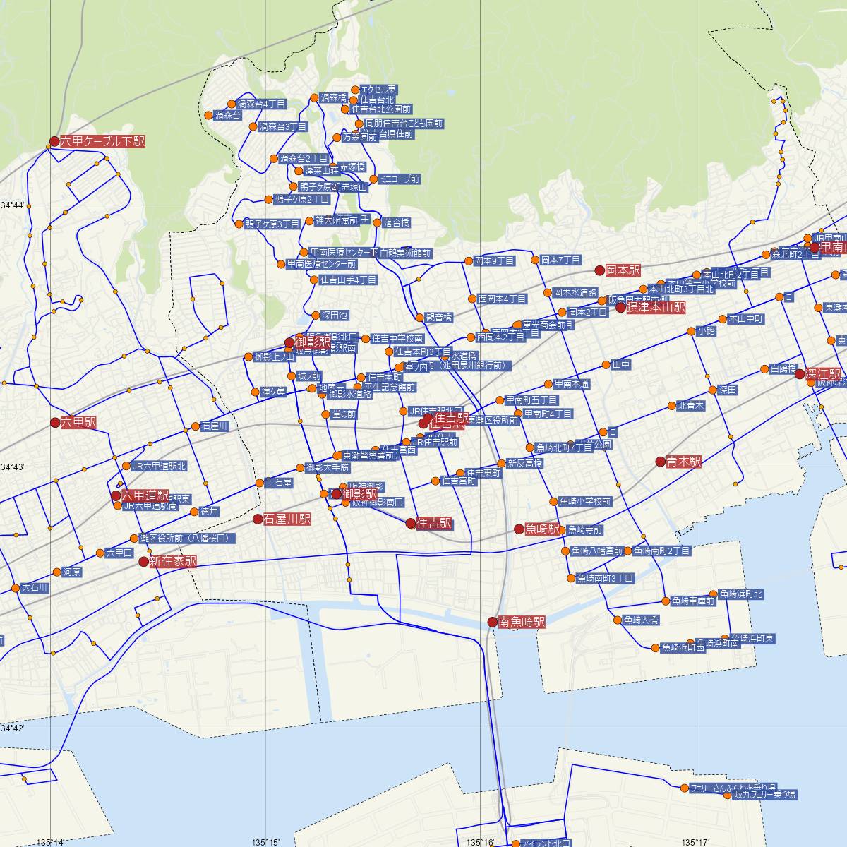 住吉駅（神戸新交通ポートライナー・六甲ライナー）周辺のバス路線図