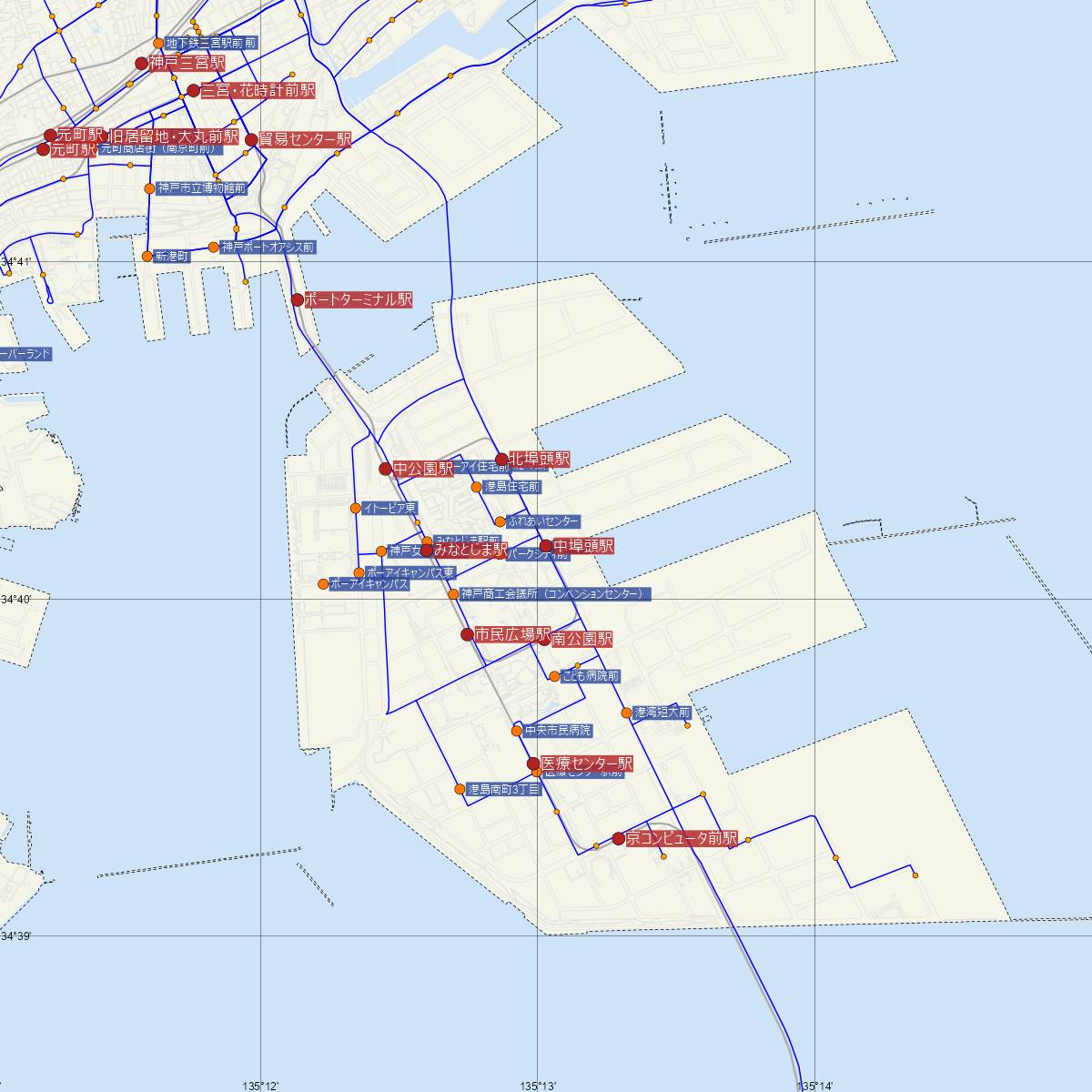 中埠頭駅（神戸新交通ポートライナー・六甲ライナー）周辺のバス路線図