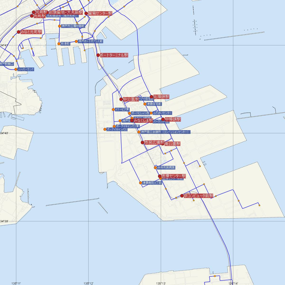 市民広場駅（神戸新交通ポートライナー・六甲ライナー）周辺のバス路線図