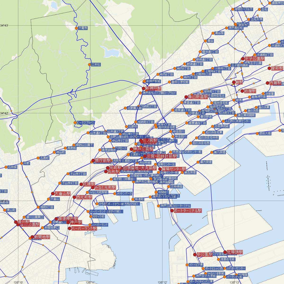 三宮駅（神戸新交通ポートライナー・六甲ライナー）周辺のバス路線図