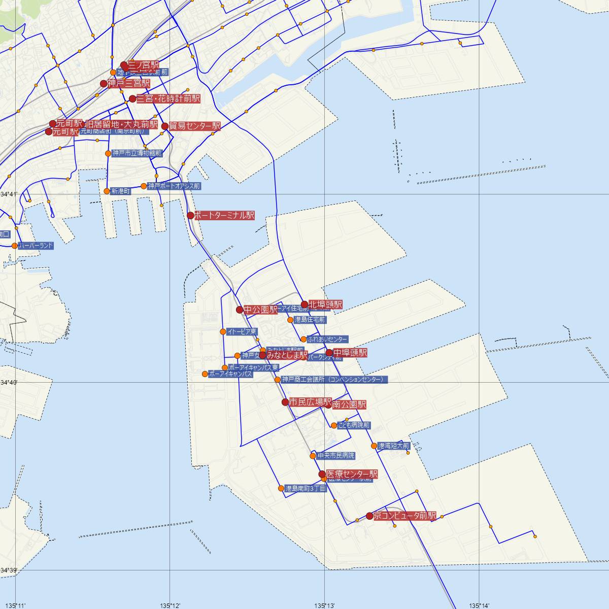 北埠頭駅（神戸新交通ポートライナー・六甲ライナー）周辺のバス路線図