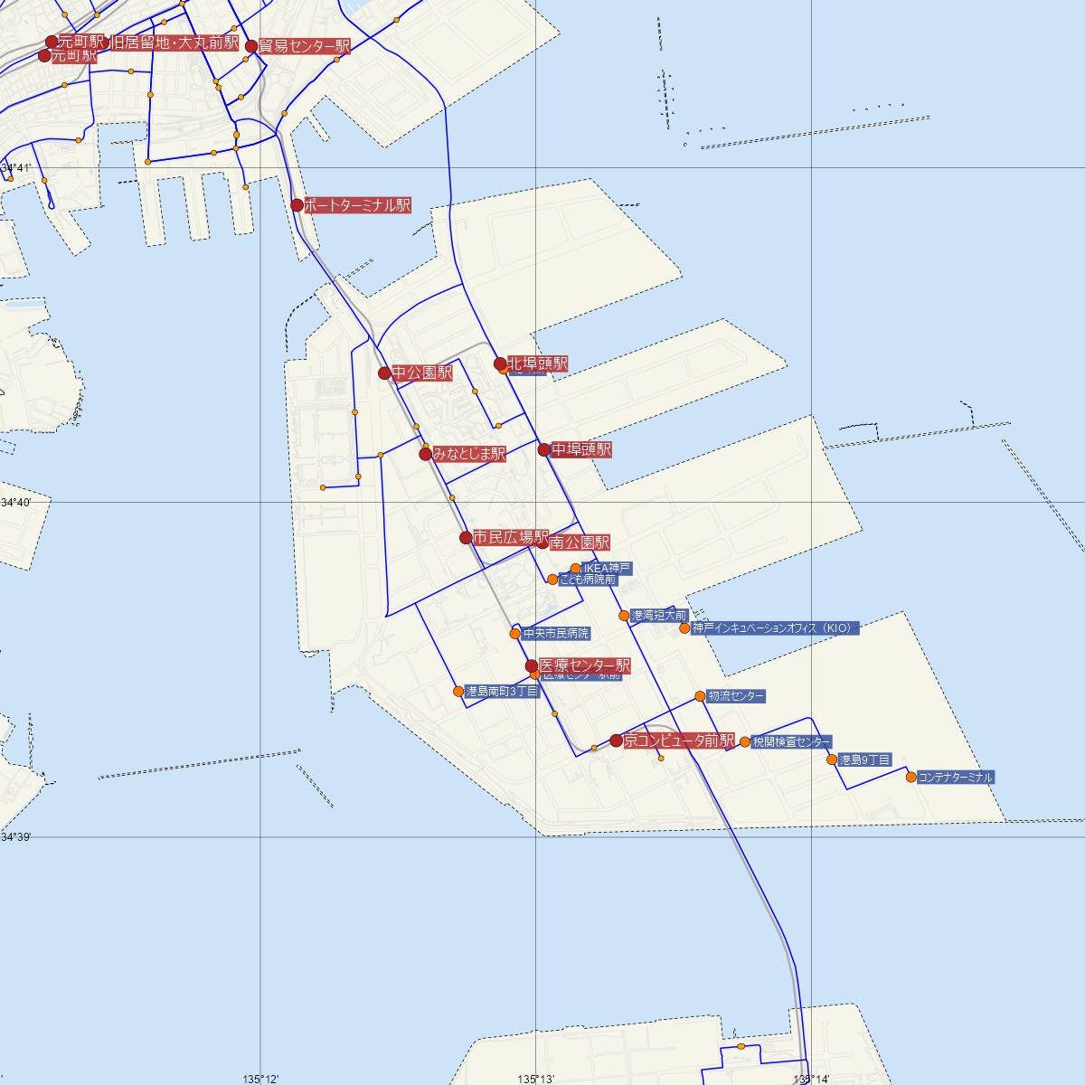 南公園駅（神戸新交通ポートライナー・六甲ライナー）周辺のバス路線図