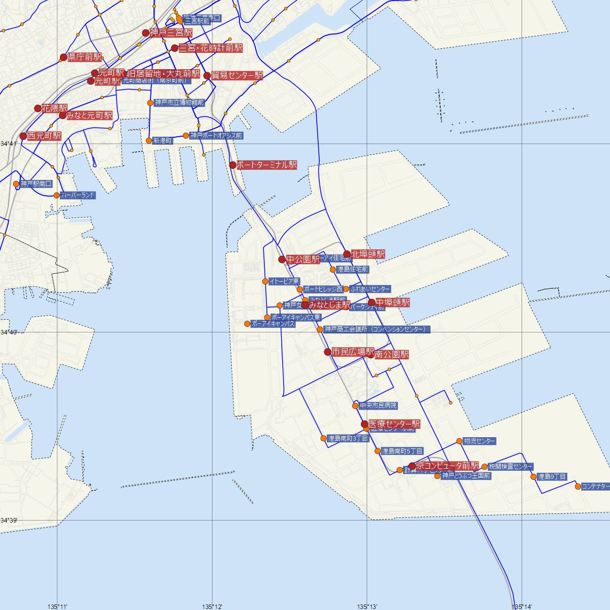 みなとじま駅（神戸新交通ポートライナー・六甲ライナー）周辺のバス路線図