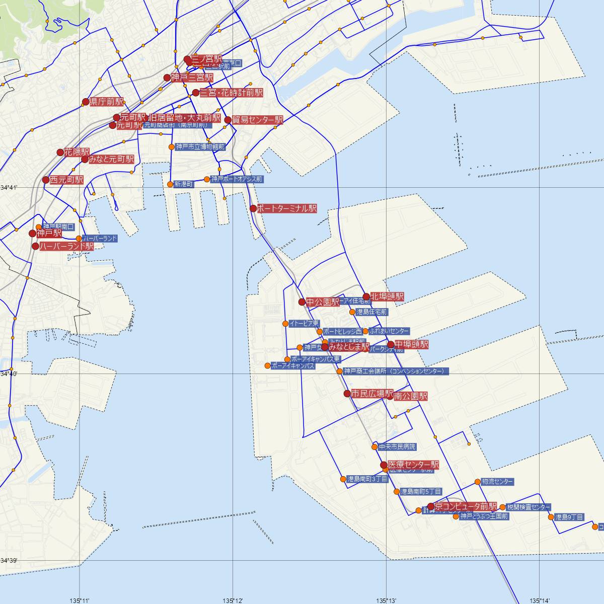 中公園駅（神戸新交通ポートライナー・六甲ライナー）周辺のバス路線図