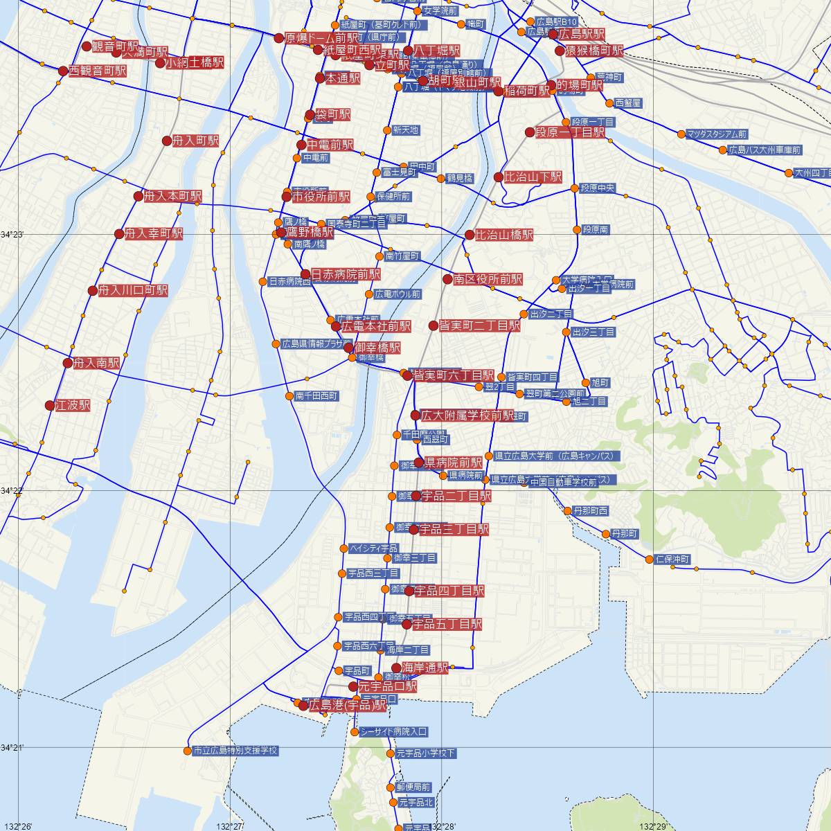広大附属学校前駅（広島電鉄）周辺のバス路線図