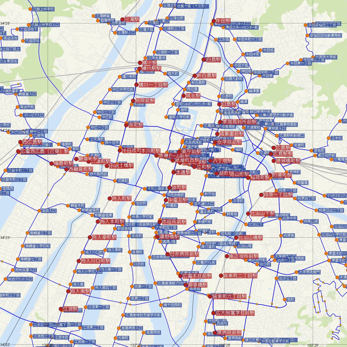 本通駅（広島電鉄）周辺のバス路線図