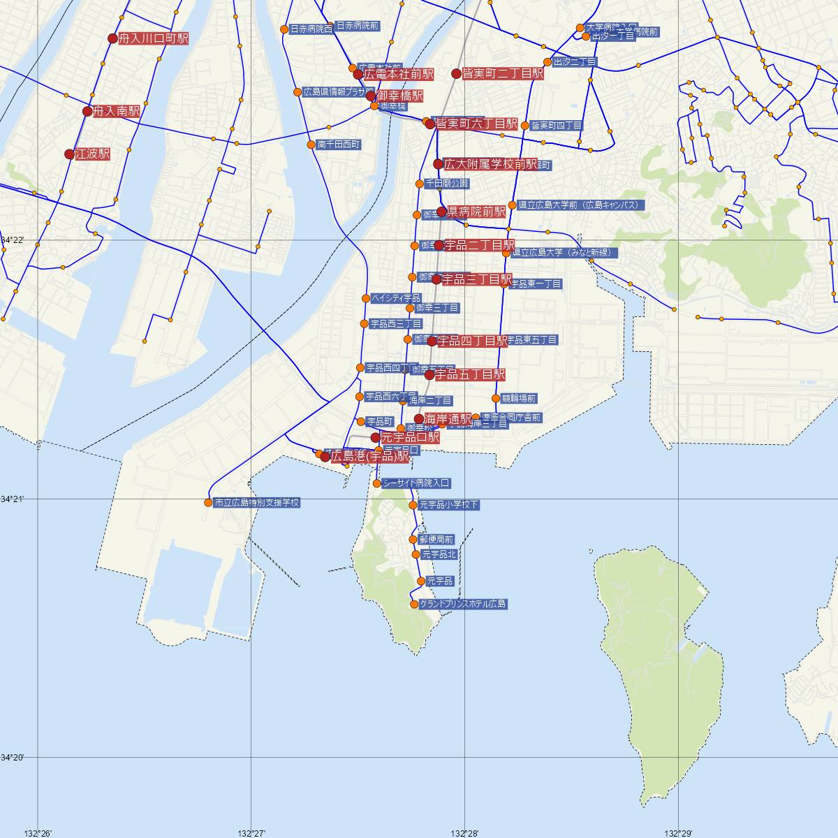 海岸通駅（広島電鉄）周辺のバス路線図