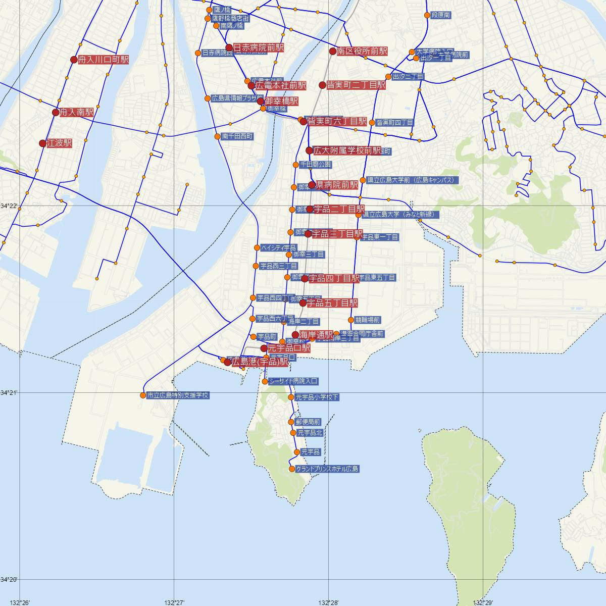 宇品五丁目駅（広島電鉄）周辺のバス路線図