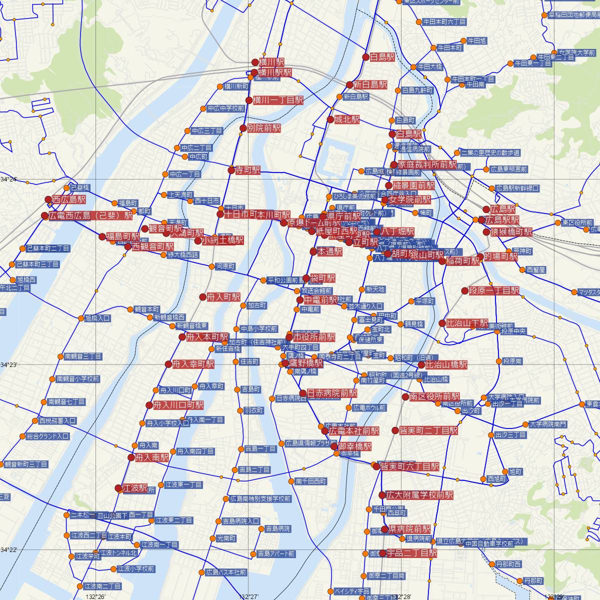 中電前駅（広島電鉄）周辺のバス路線図