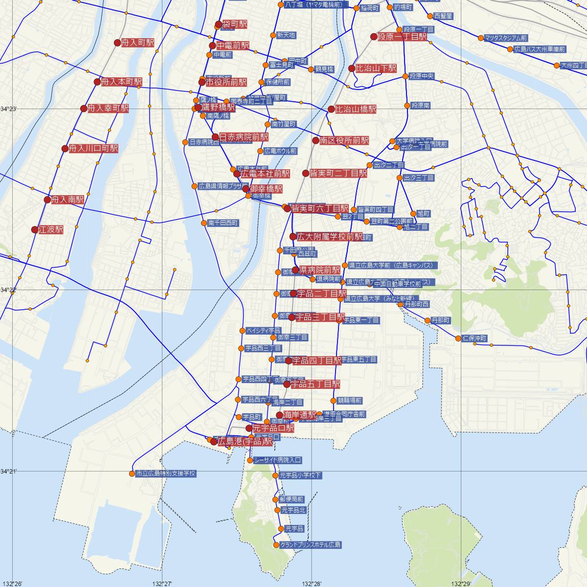 宇品二丁目駅（広島電鉄）周辺のバス路線図