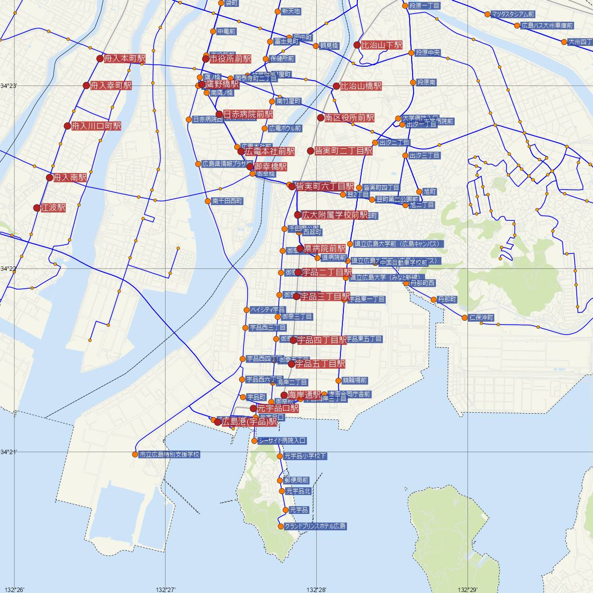 宇品三丁目駅（広島電鉄）周辺のバス路線図
