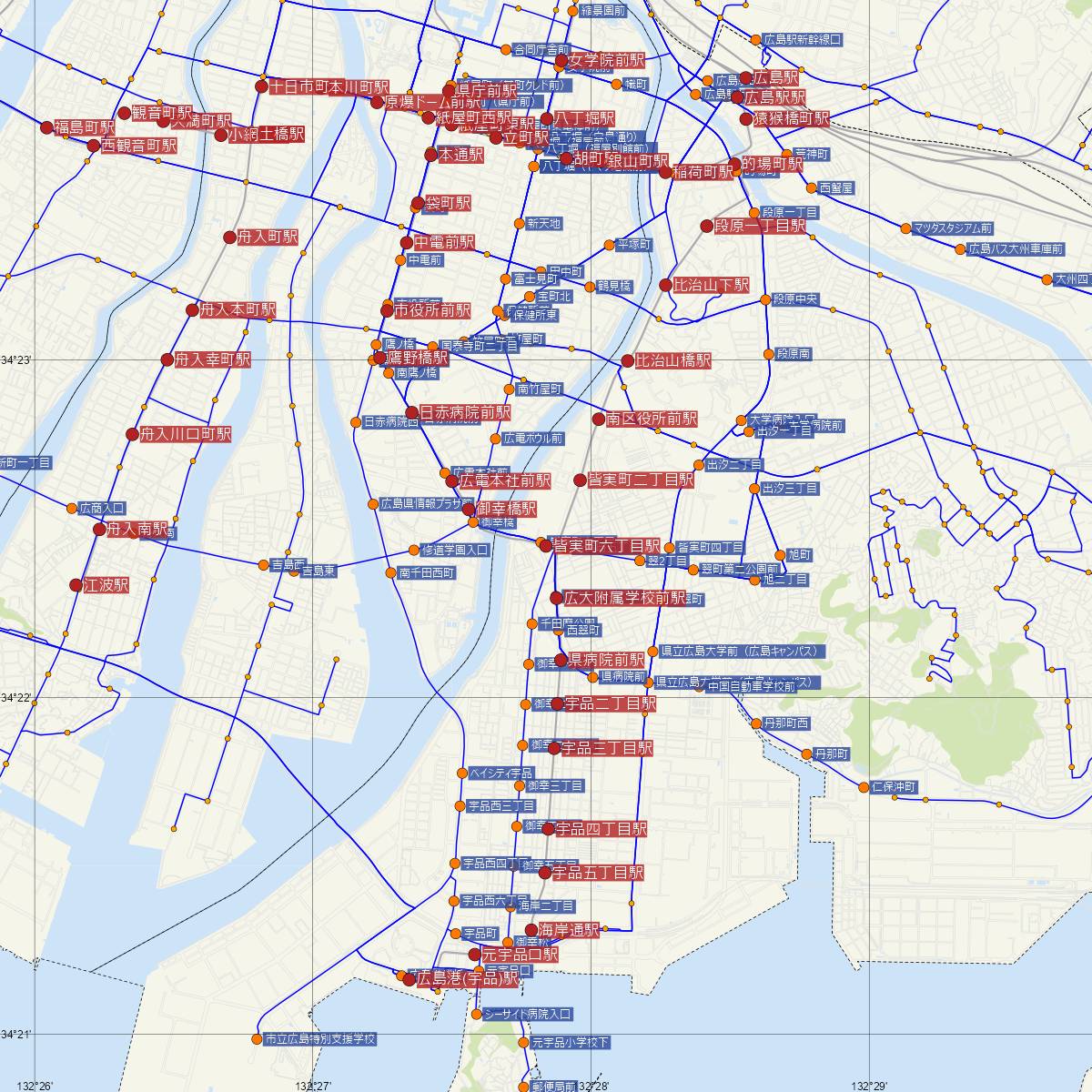 皆実町六丁目駅（広島電鉄）周辺のバス路線図