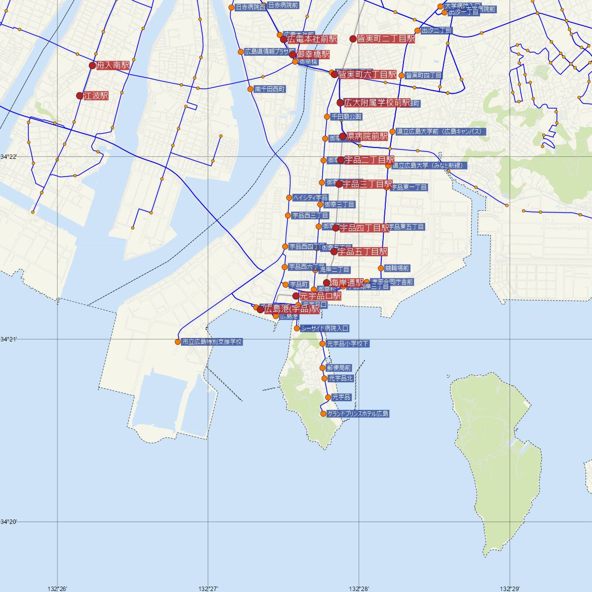 元宇品口駅（広島電鉄）周辺のバス路線図