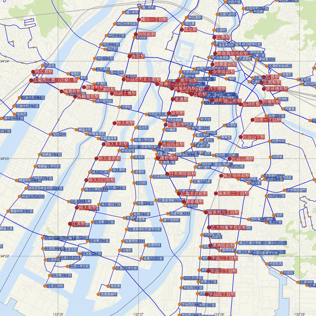 鷹野橋駅（広島電鉄）周辺のバス路線図