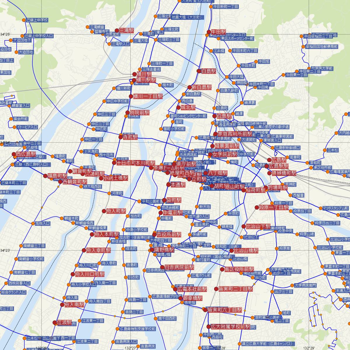 紙屋町東駅（広島電鉄）周辺のバス路線図