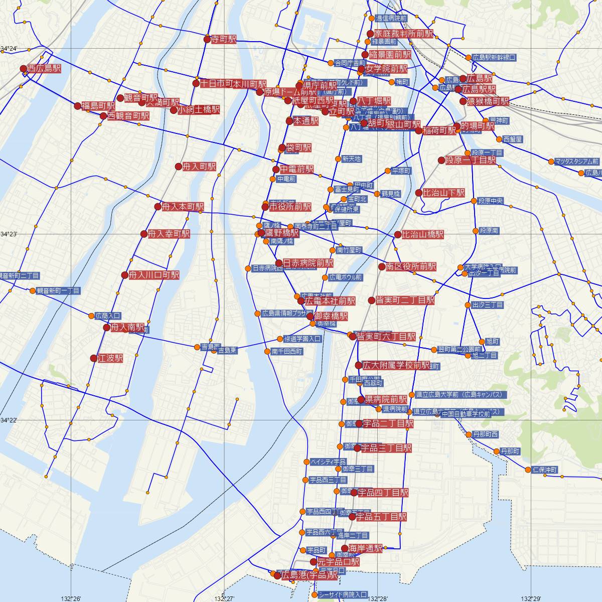 広電本社前駅（広島電鉄）周辺のバス路線図