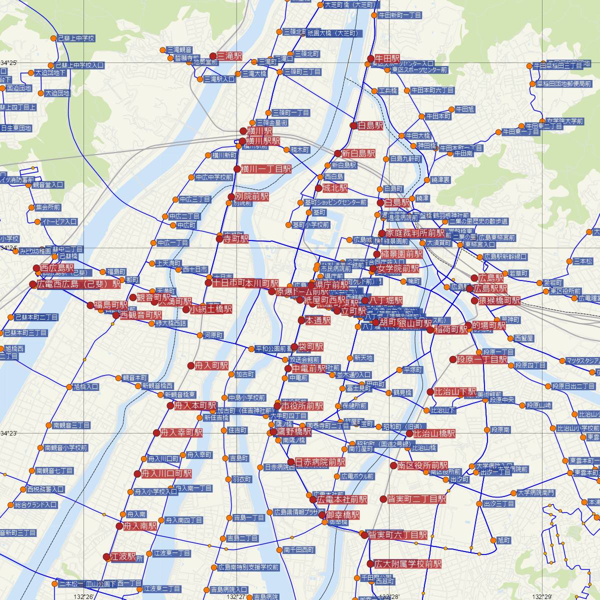紙屋町西駅（広島電鉄）周辺のバス路線図