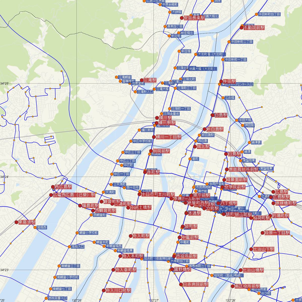 別院前駅（広島電鉄）周辺のバス路線図