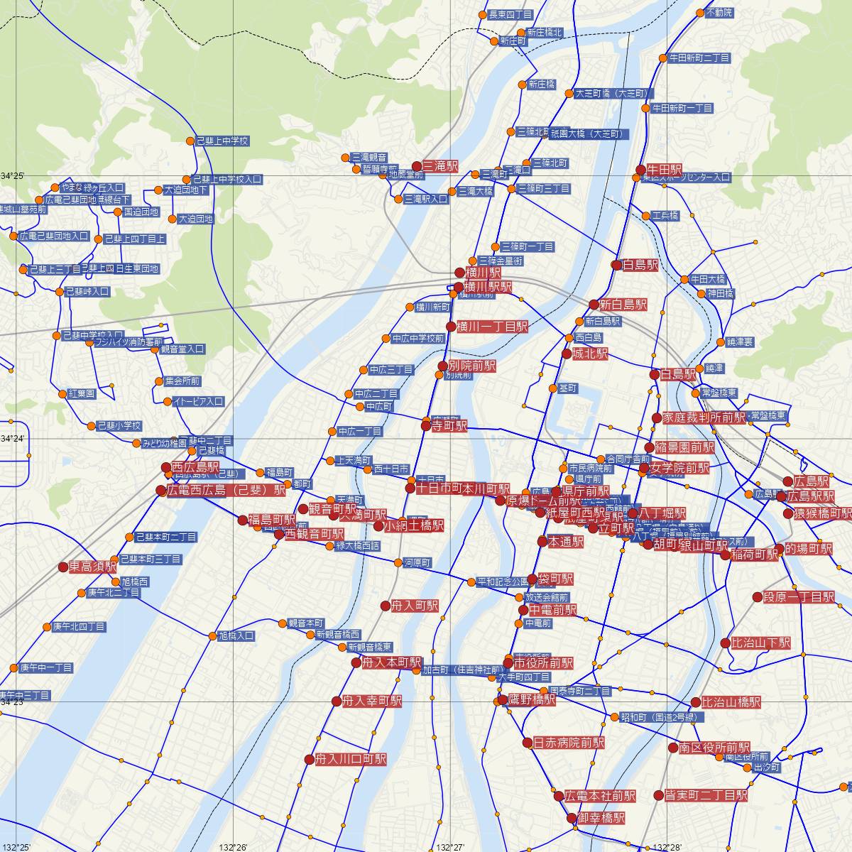 寺町駅（広島電鉄）周辺のバス路線図