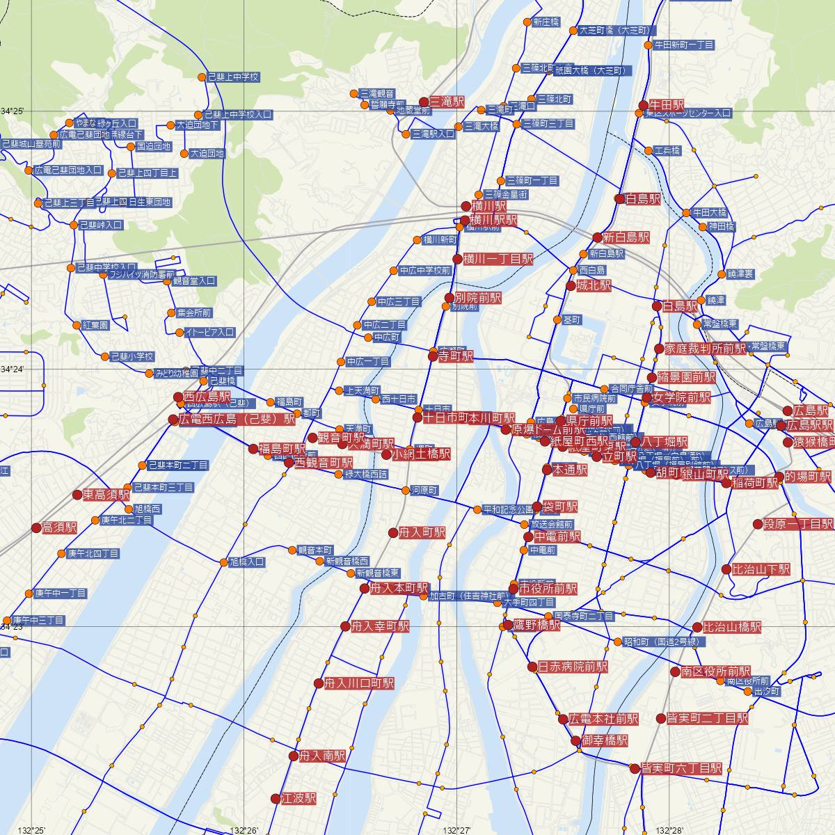 十日市町駅（広島電鉄）周辺のバス路線図