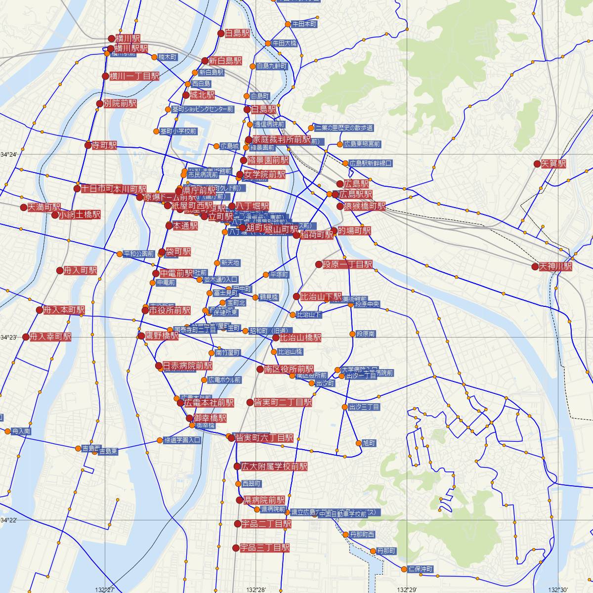 比治山下駅（広島電鉄）周辺のバス路線図